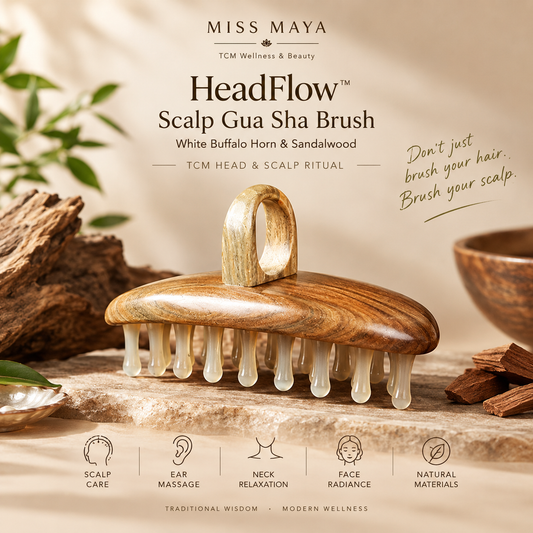 HeadFlow™ Scalp Gua Sha Brush – White Buffalo Horn & Sandalwood TCM Head Ritual