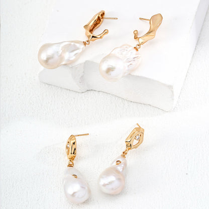 S925 Silver retro natural baroque pearl zircon earrings-E01260-2