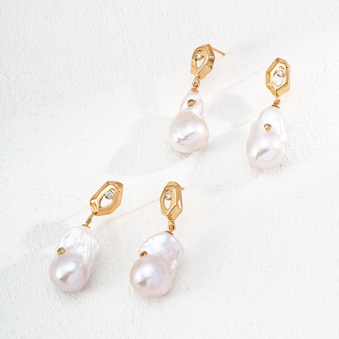 S925 Silver retro natural baroque pearl zircon earrings-E01260-2