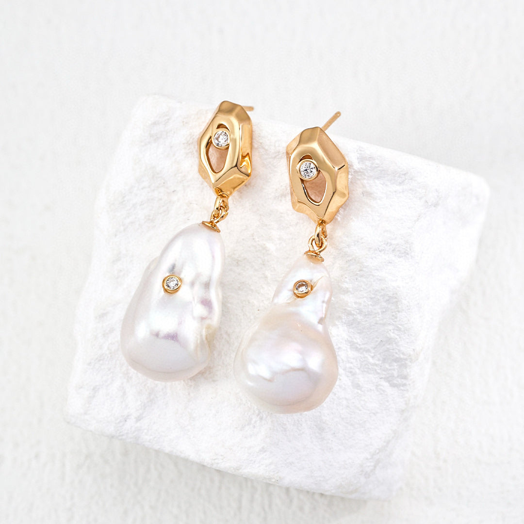 S925 Silver retro natural baroque pearl zircon earrings-E01260-2