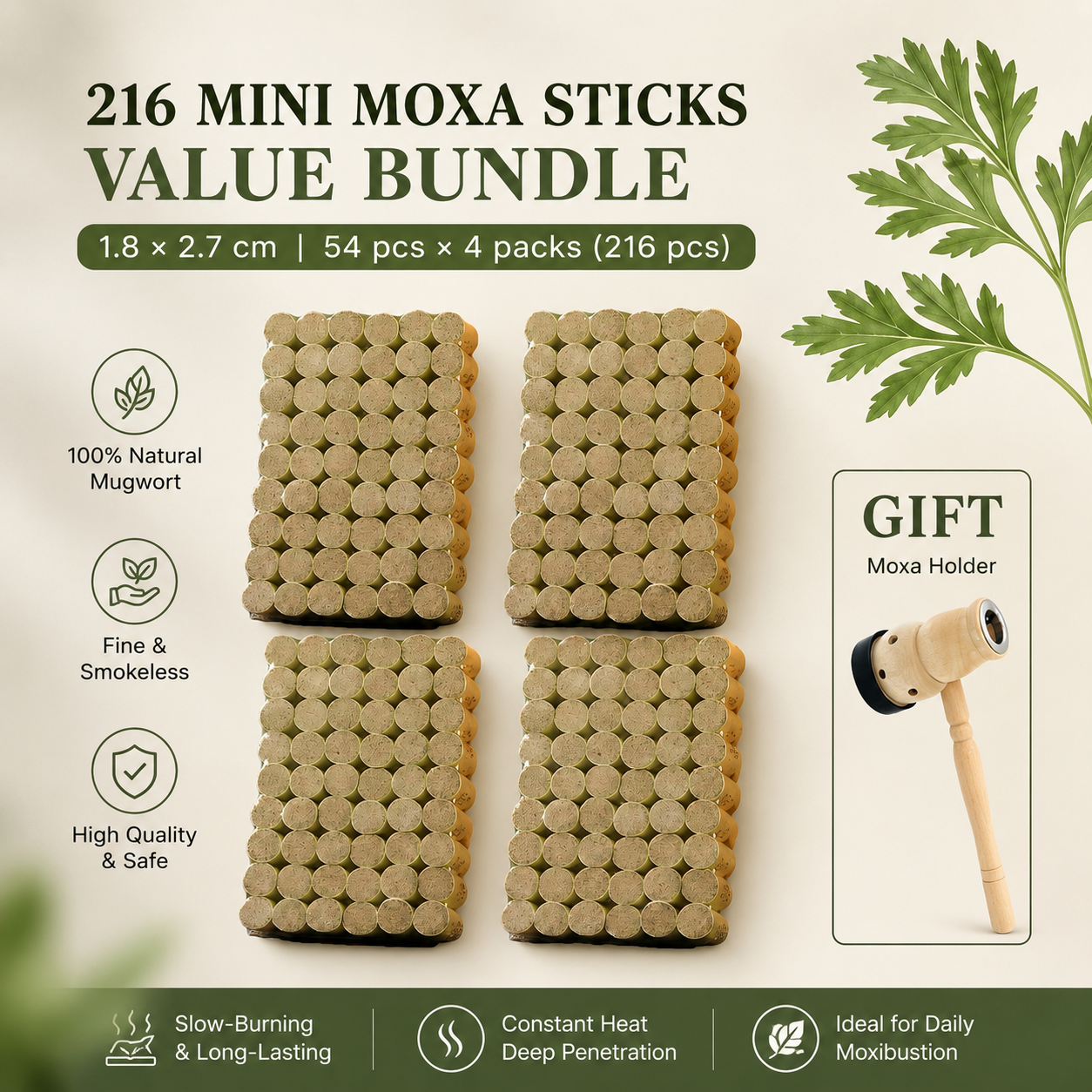 Natural Hand-Rolled Mini Moxa Sticks – 216 Pieces
